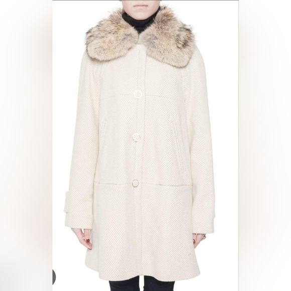 Tory Burch Cream Lurex Insert Fur Collar Detail Ivan Long Coat Size S NWT - Picture 1 of 4
